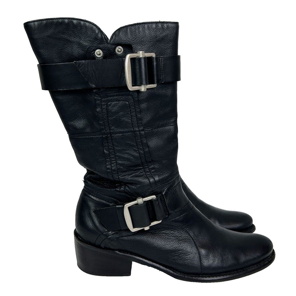 Vera Wang Lavender Chantel Moto Biker Leather Boots Black Mid Calf w Buckles 9.5